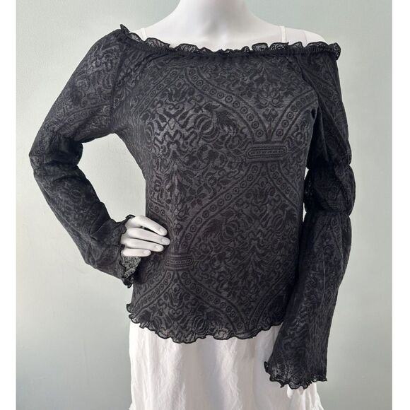 Black Lace Bell Sleeve Off-Shoulder Top Ruffled Neckline Goth Boho Blouse Size M - Picture 3 of 5